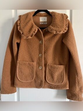 Stoosh Camel Sherpa Teddy Button-Front Jacket with Ruffle Collar Francesca’s